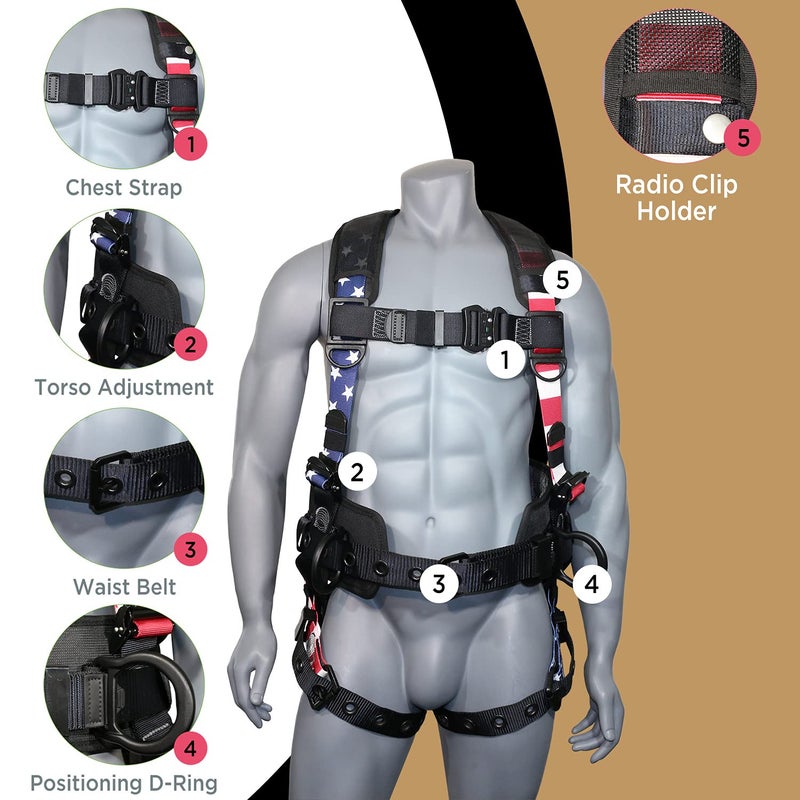 AFP Fall Protection Full-Body Premium American Flag Safety Harness  Vented & Padded Shoulder  Legs & Back  8Thick Back Support Belt  Aluminum D-Rings  Tongue Buckle  Quick Release (OSHA/ANSI PPE) - Image 4